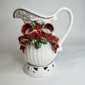 Vintage 1990s Christmas Holiday Dillard's Trimmings Filigree Ribbon Pitcher 9"